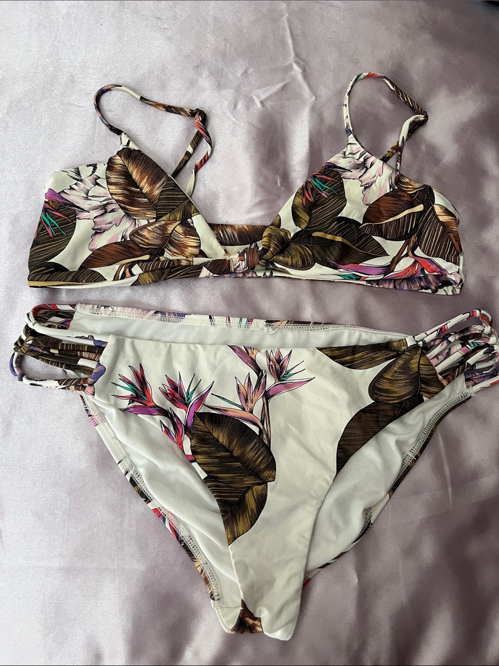 O'Neill Tropical Leaf Print Bikini in White, Brown, Green, Pink